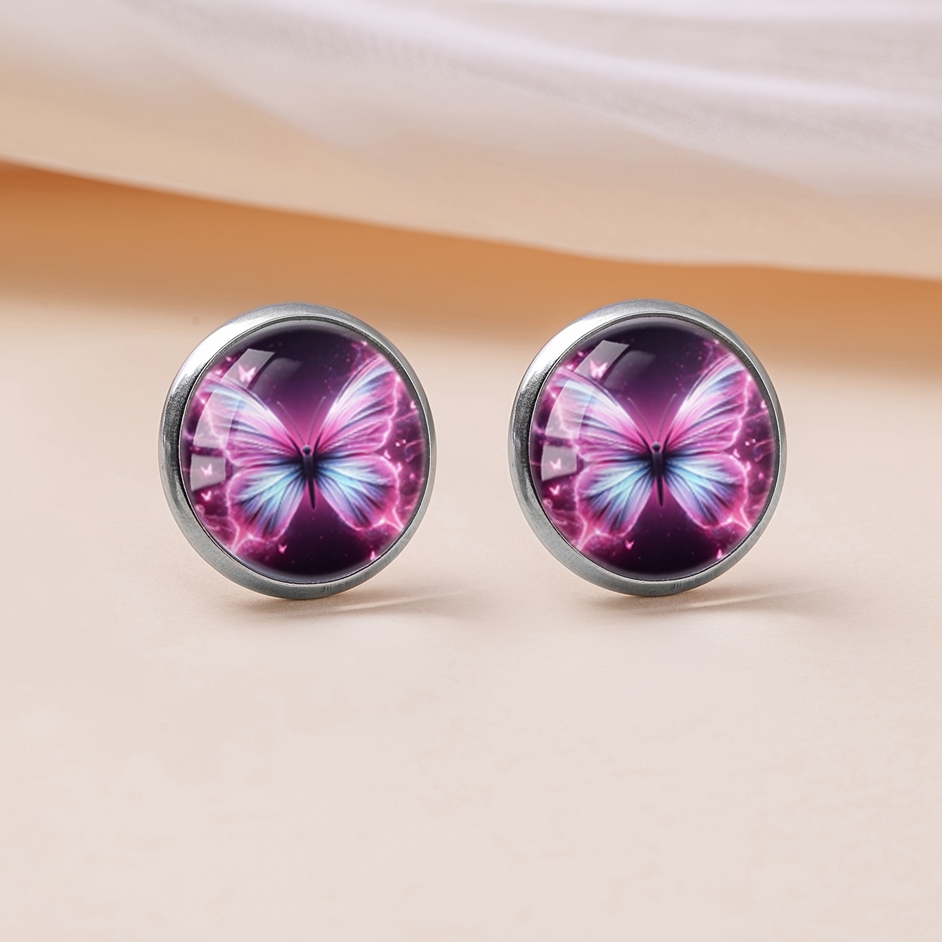 Pink-Purple Luminous Butterfly Pattern Round Stud Earrings